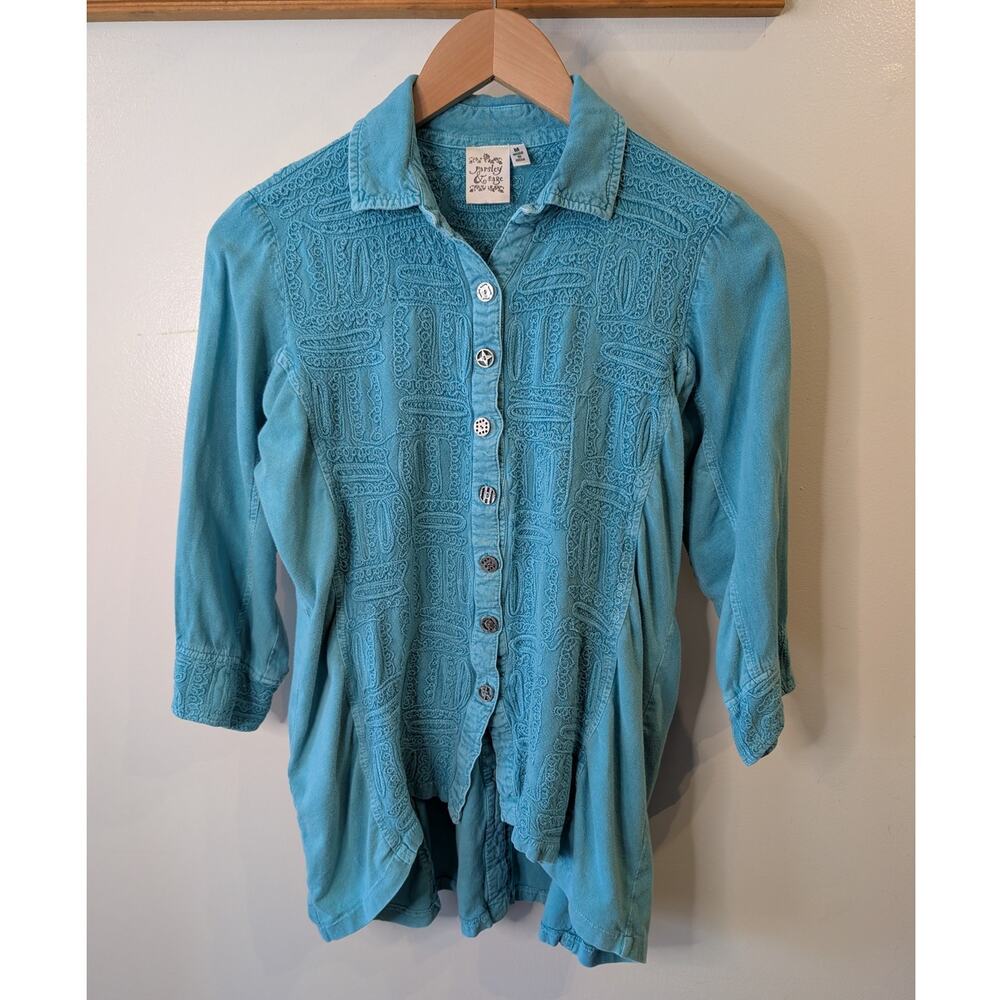 Parsley & Sage Womens Turquoise Embroidered Tunic Top Button Front Boho Medium